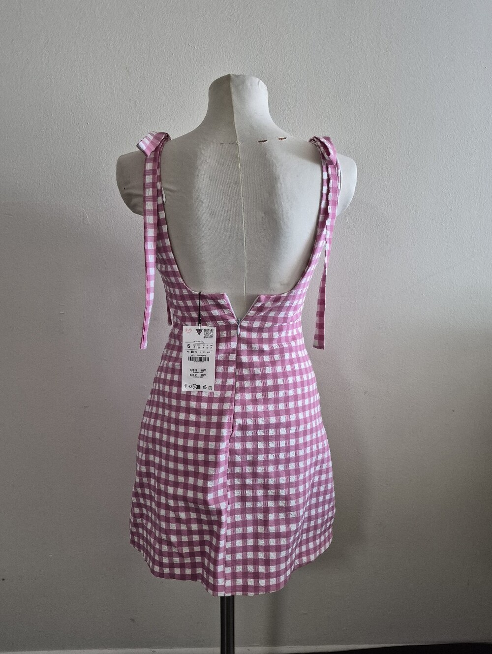 S) NWT Zara Gingham Pink/White Check Dress with Bows - Picture 3 of 9